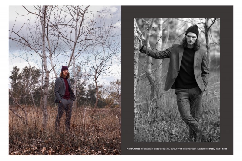 Fraser wears melange gray blazer and pants Hardy Amies, burgundy rib knit crewneck sweater Benson and beanie Rella.