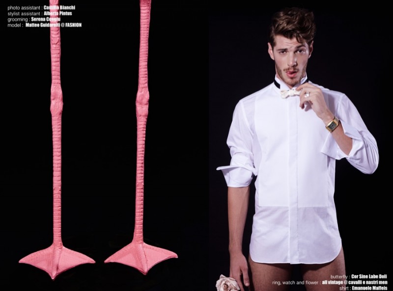 Matteo wears shirt Emanuele Maffeis, bow-tie Cor Sine Lab Doli, vintage accessories from Cavalli e Nastri Men.