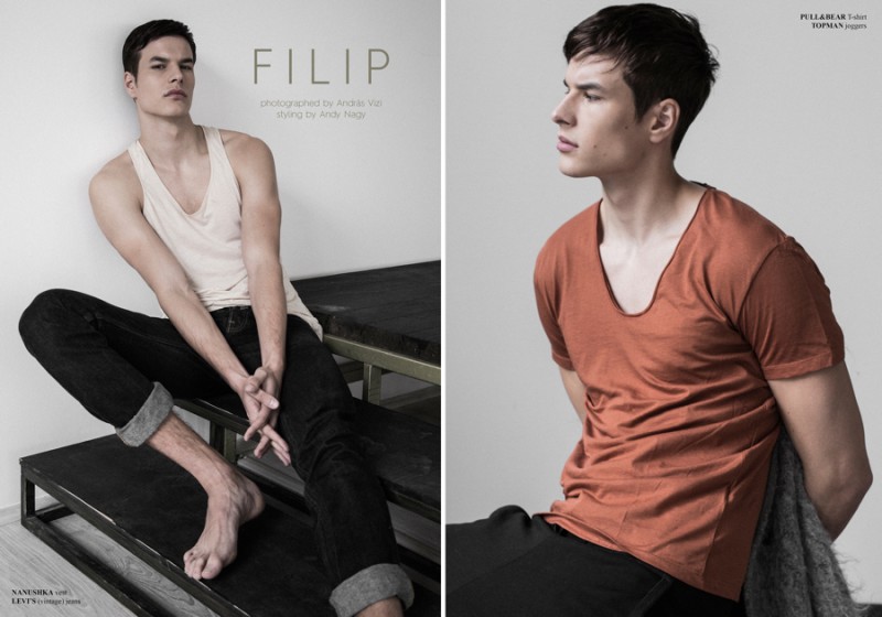 Left to Right: Filip wears tank Nanushka and jeans Levi's. Filip wears t-shirt Pull & Bear and joggers Topman.