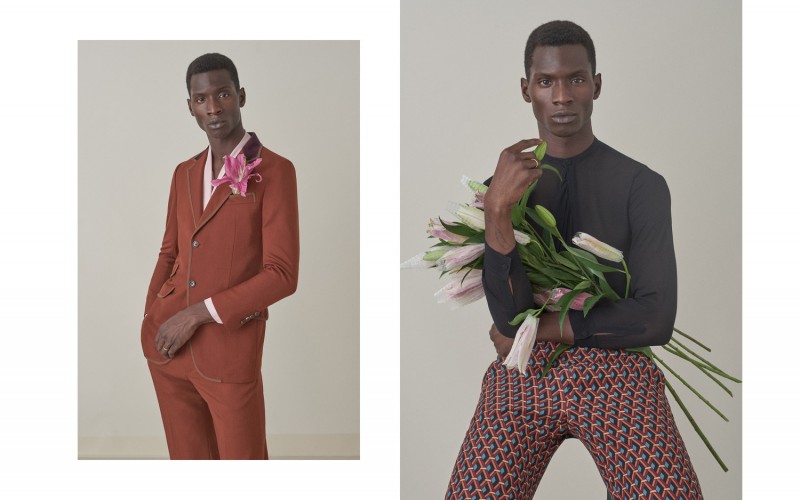 Adonis wears fashions from Gucci's 1970s inspired collection.