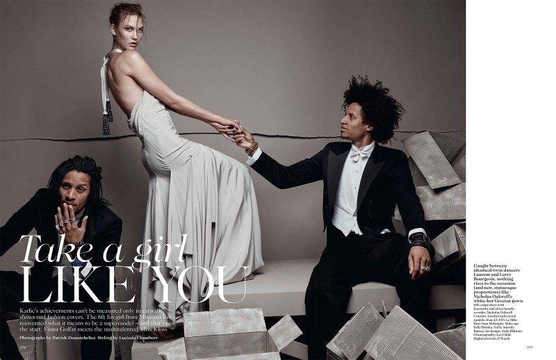 Les Twins grace the pages of British Vogue, appearing in the magazine’s December 2015 issue. The dancing brothers join top model Karlie Kloss for the magazine’s cover shoot, which was lensed by fashion photographer Patrick Demarchelier. Ending the year in style, Les Twins are styled by Lucinda Chambers.