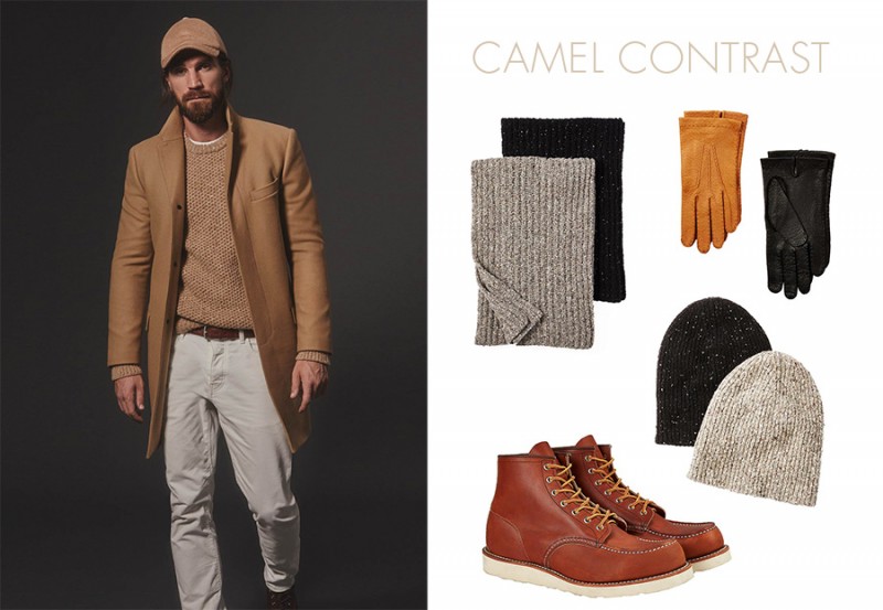 How to Wear the Camel Coat: Embracing a neutral color palette, Club Monaco suggests its donegal accessories.