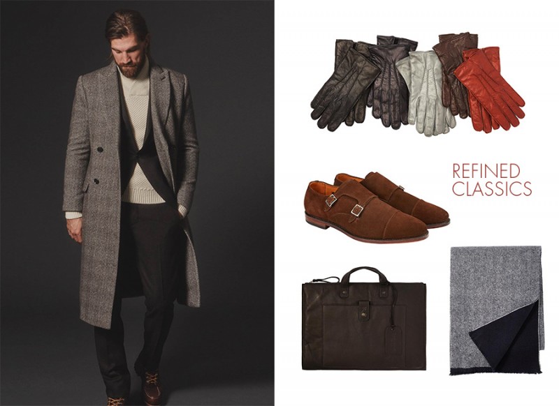 Club Monaco hits an elegant style note with its herringbone coat, offering a mix of refined accessories for the ultimate gentleman's finish.