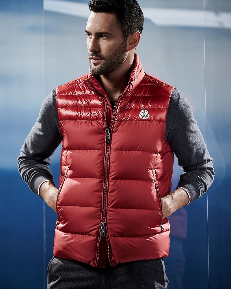 Noah Mills wears down quilted puffer vest Moncler.