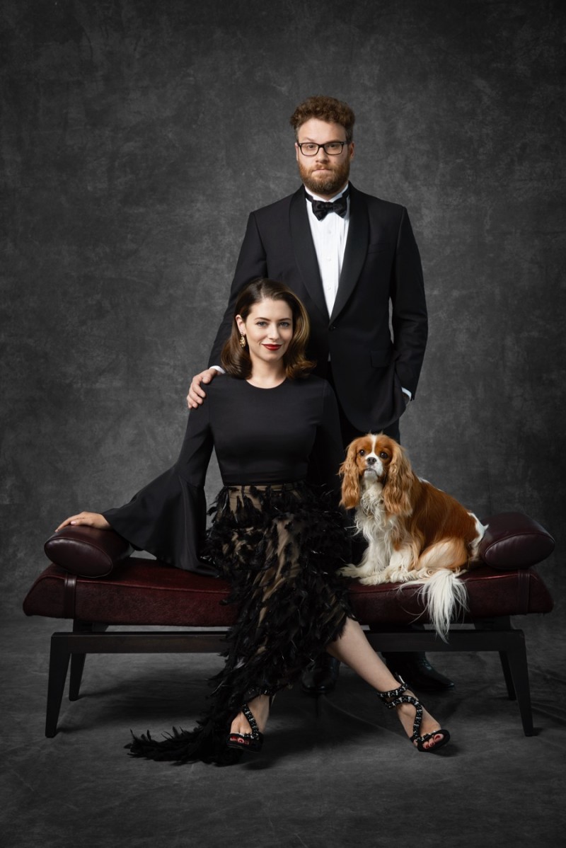 Seth Rogen and his wife Lauren pose for a formal portrait.