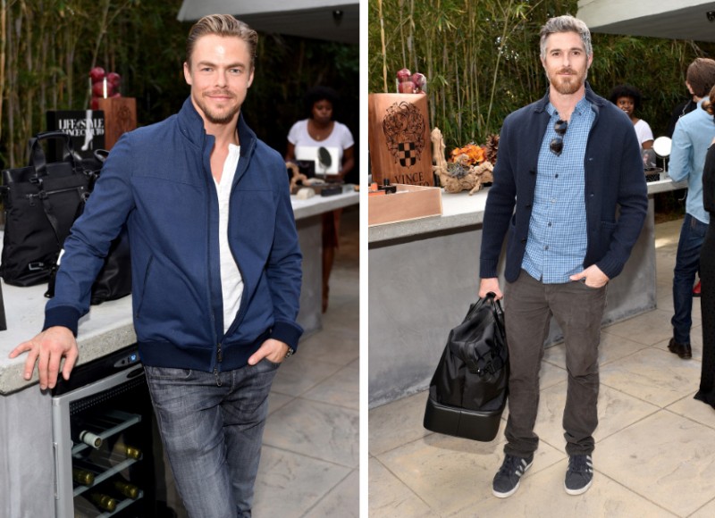 Pictured Left to Right: Derek Hough in a Vince Camuto bomber jacket. Dave Annabel wears a Vince Camuto knit blazer.