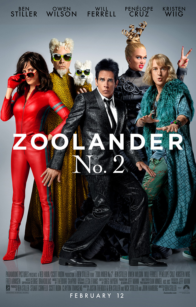 Zoolander 2 poster artwork featuring Penelope Cruz, Will Ferrell, Ben Stiller, Kristen Wiig and Owen Wilson.
