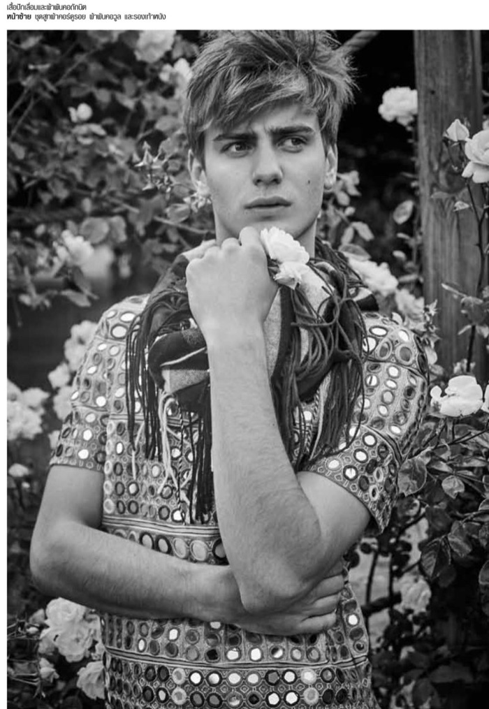 Ben poses for a black & white image from Harper's Bazaar Men Thailand.