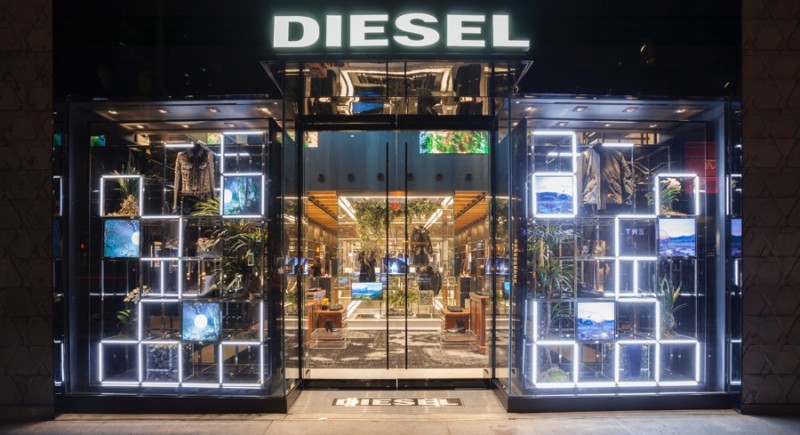 Diesel's Madison Avenue flagship store at night.