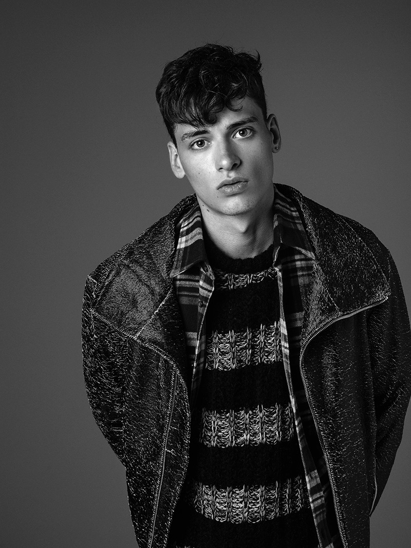 Jasper wears leather biker jacket Antony Morato, shirt Dsquared2 and sweater Just Cavalli.