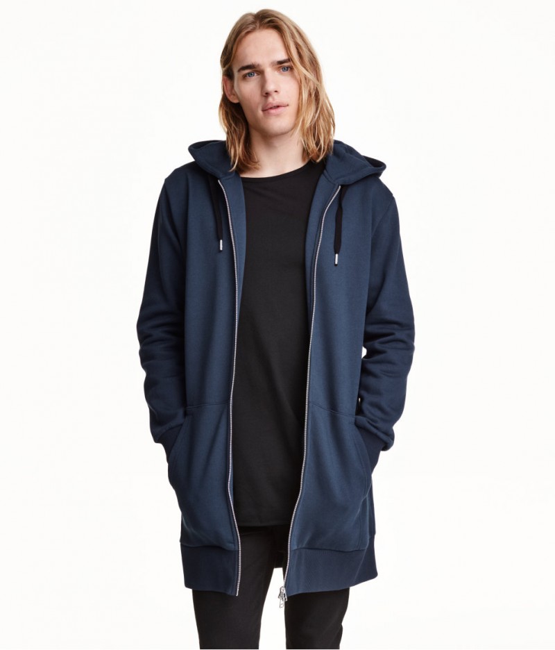 Ton Heukels models a H&M Long Hooded Jacket in Dark Blue