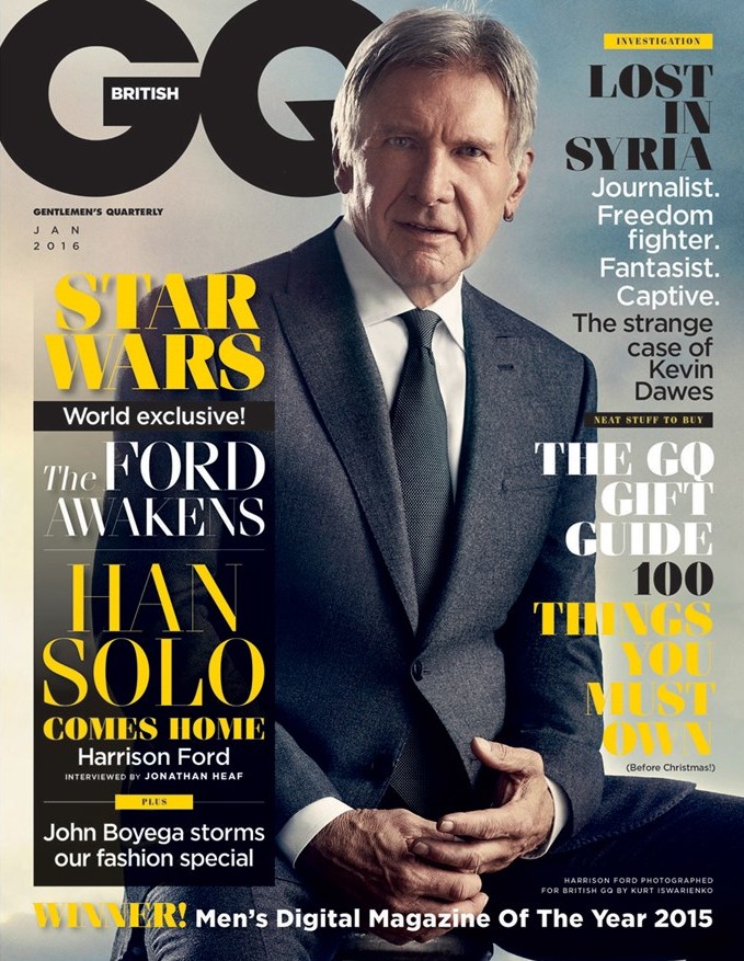 Harrison Ford covers the January 2016 issue of British GQ.