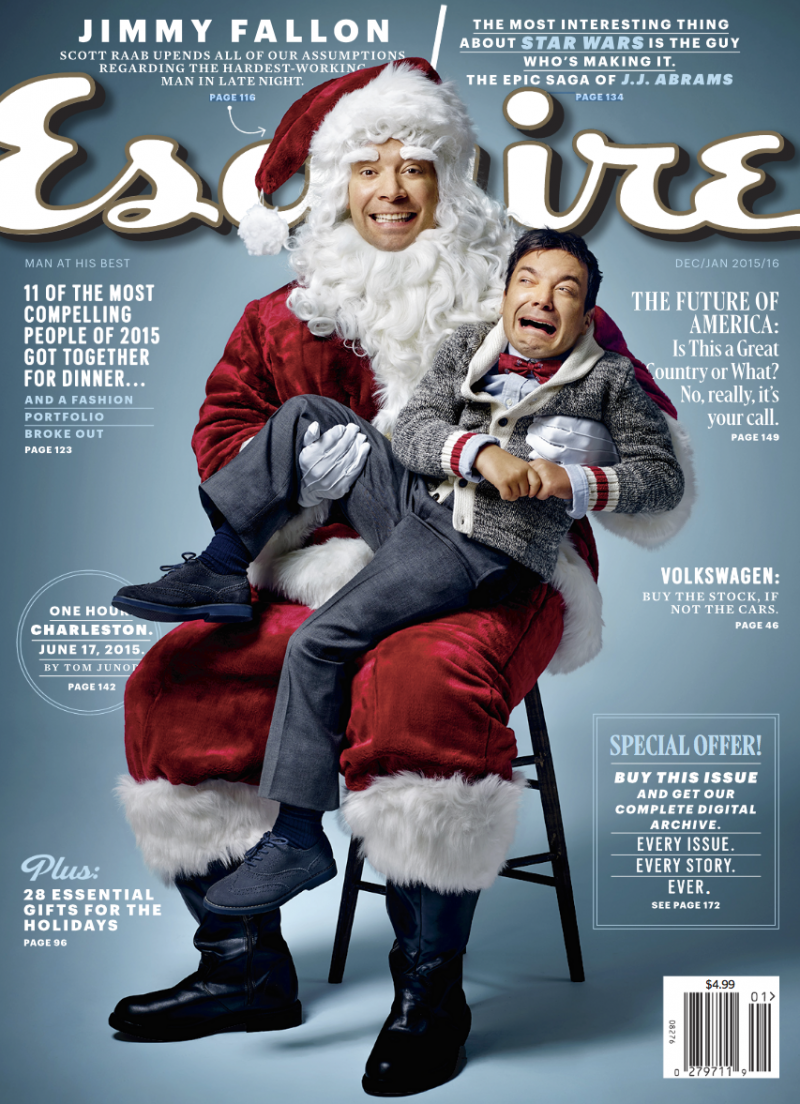 Jimmy Fallon photographed by Robert Trachtenberg for a Santa Claus themed cover for Esquire's December 2015/January 2016 issue. » Jimmy Fallon Plays Santa Claus for Esquire Cover Shoot Jimmy Fallon photographed by Robert Trachtenberg for a Santa Claus themed cover for Esquire's December 2015/January 2016 issue.