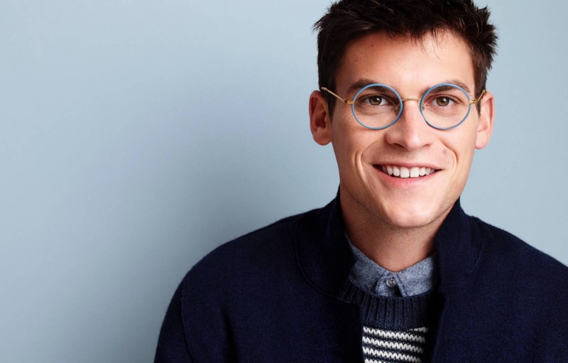 Miles wears Warby Parker Gellhorn glasses.