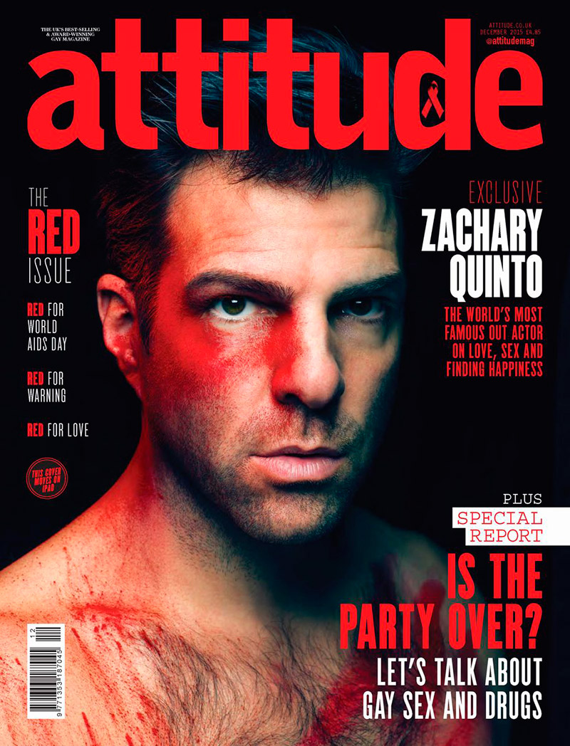 Zachary Quinto covers the December 2015 issue of Attitude magazine.