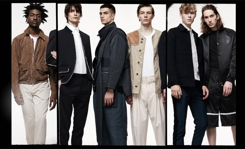 FROM LEFT: Suede jacket and slim-leg chino trousers, both by Dunhill; Crew-neck T-shirt, by Sunspel. Stand-collar raw-edge blazer, harness short-sleeved cotton-blend shirt and raw-edge tailored trousers, all by Alexander McQueen. Wide-strap quilted jacket and wide-leg quilted trousers, both by Craig Green. Suede-patch hunting jacket and pleat-front wide-leg trousers, both by J.W. Anderson. Patch-pocket cashmere jacket, lace cotton-poplin shirt and lace-trim tuxedo trousers, all by Burberry Prorsum. Logo-patch bomber jacket and knee-length shorts, both by Astrid Andersen.