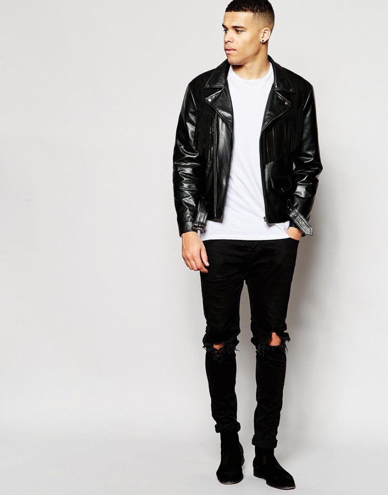 ASOS Leather Biker Jacket with Suede Fringe Detailing