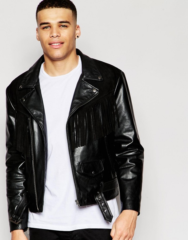 ASOS Leather Biker Jacket with Suede Fringe Detailing