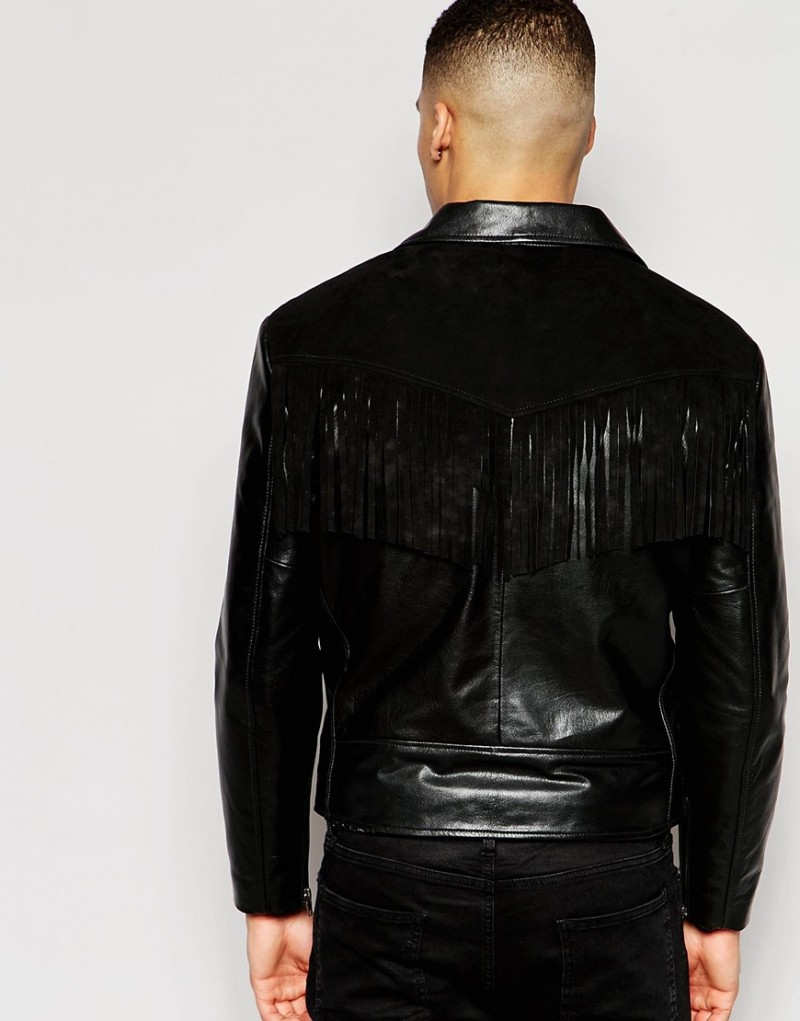 ASOS Leather Biker Jacket with Suede Fringe Detailing
