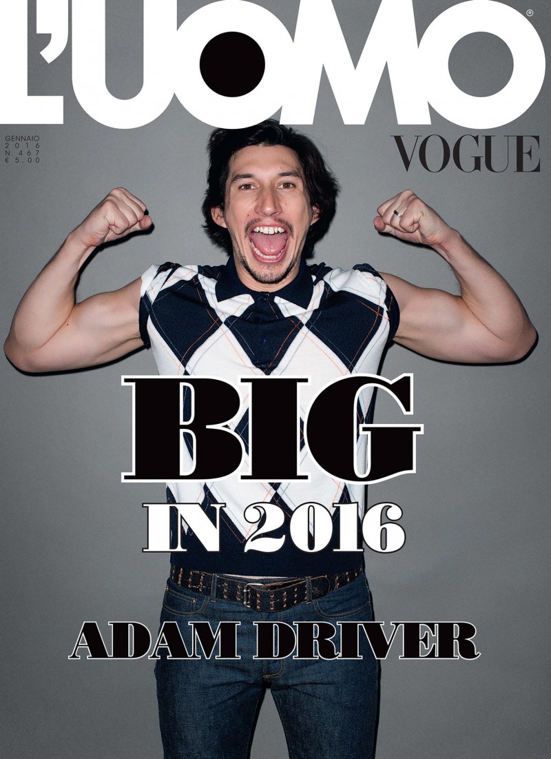 Wearing an argyle top, Adam Driver covers the January 2016 issue of L'Uomo Vogue.