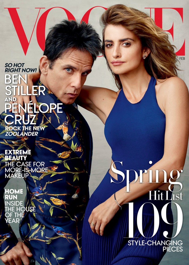 Ben Stiller promotes Zoolander 2, gracing the February 2016 cover of Vogue with costar Penélope Cruz.