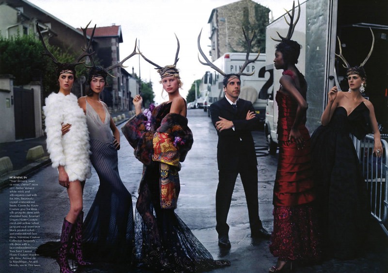 Photographed by Annie Leibovitz, Ben Stiller poses with top models for Vogue.