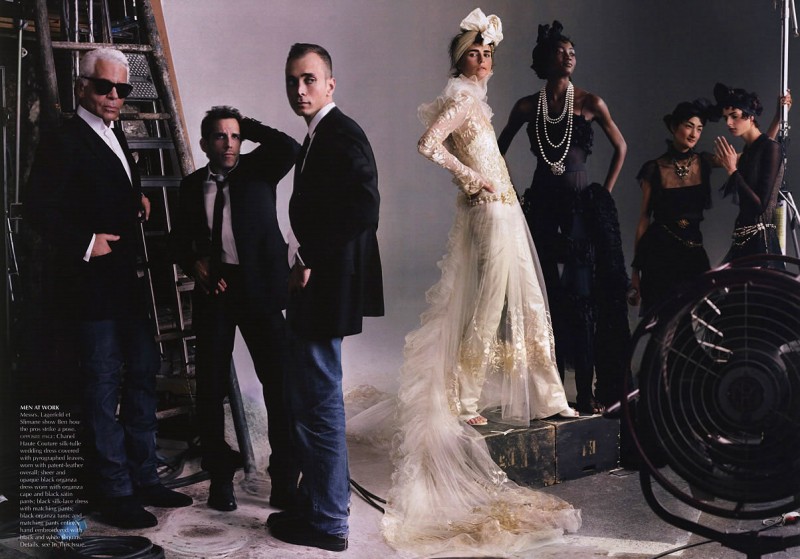 Ben Stiller photographed with designers Karl Lagerfeld and Hedi Slimane for Vogue's October 2001 issue.