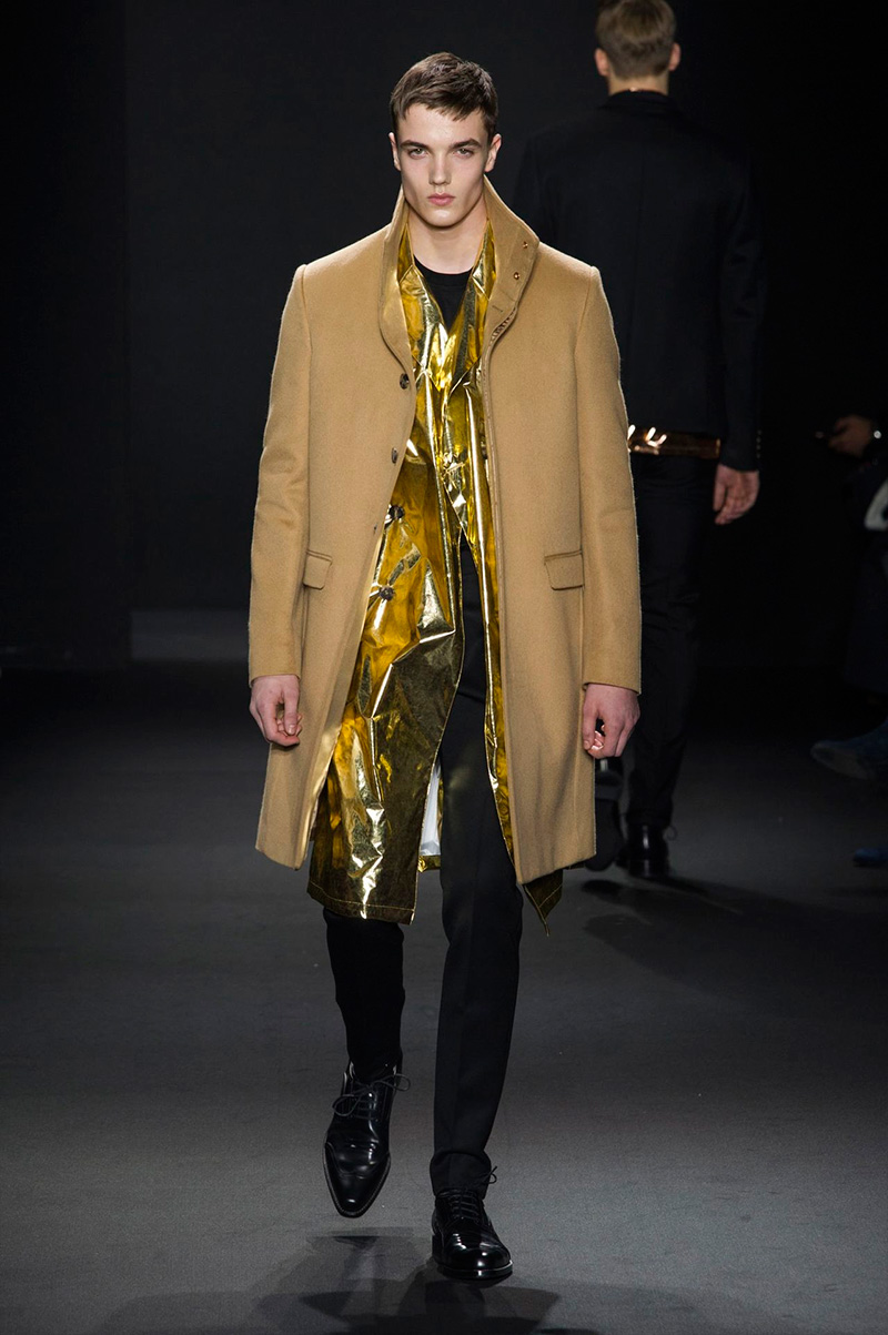 The camel coat gets a modern update, courtesy of Calvin Klein Collection's fall affection for foil gold.