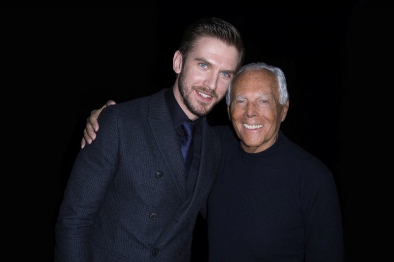 Dan Stevens and Giorgio Armani photographed at the designer's fall-winter 2016 men's show.