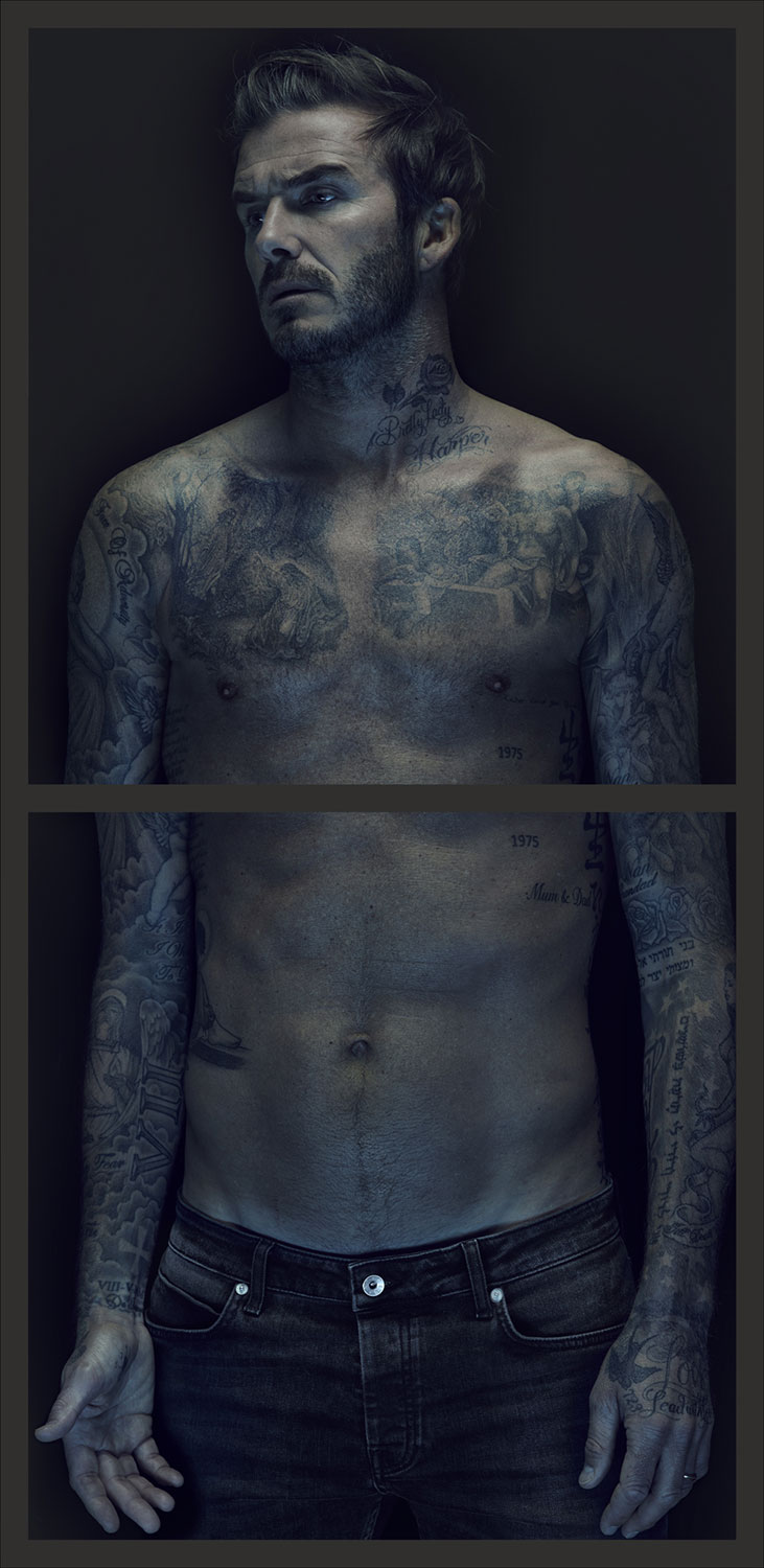 David Beckham photographed by Nadav Kander for David Beckham: The Man. David Beckham Shirtless Tattoos.