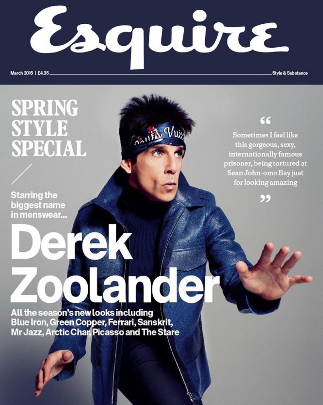 Ben Stiller appears as Derek Zoolander for the March 2016 cover of Esquire UK.