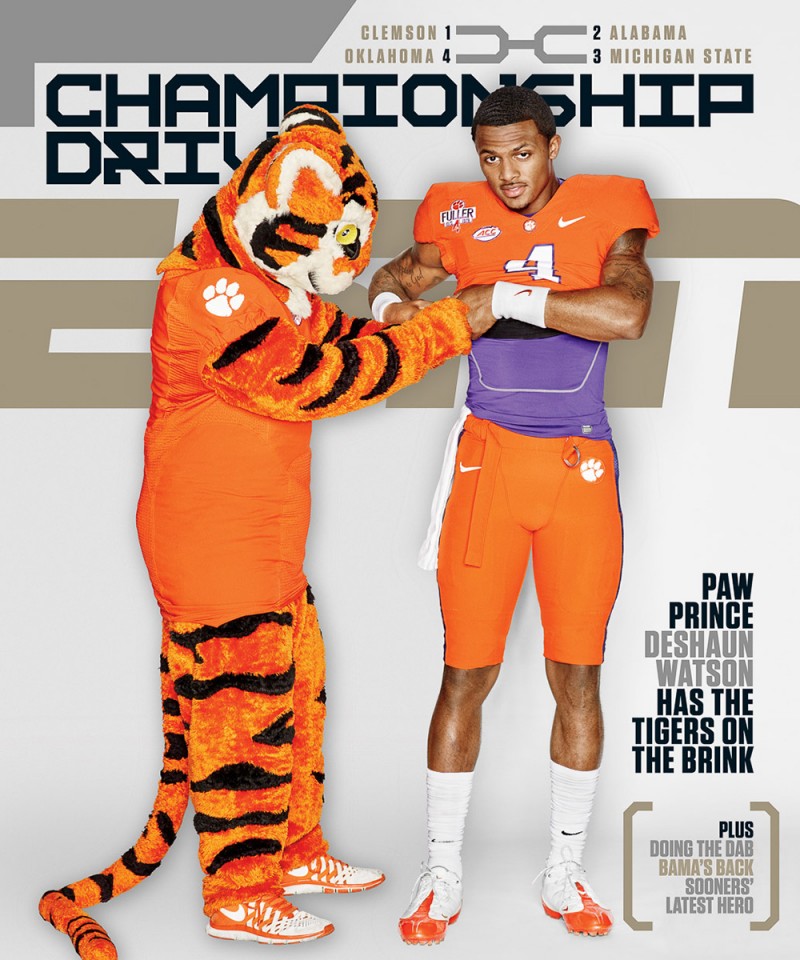 Deshaun Watson of the Clemson Tigers covers ESPN magazine with the team's mascot.
