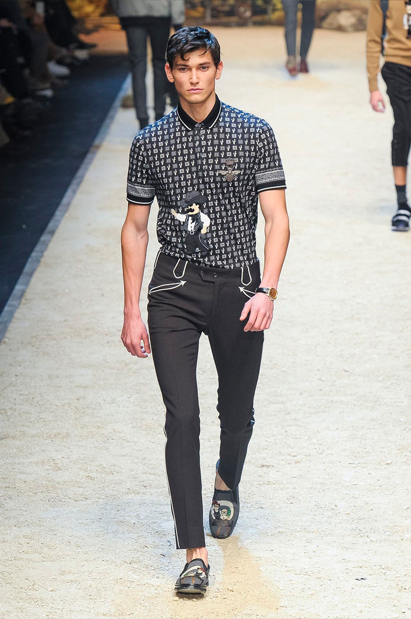 Dolce & Gabbana continues to update polo shirts with a graphic attitude for fall-winter 2016.