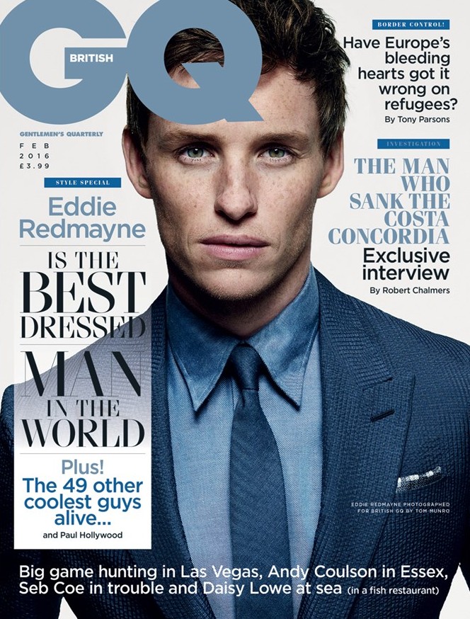 Eddie Redmayne covers the February 2016 issue of British GQ.