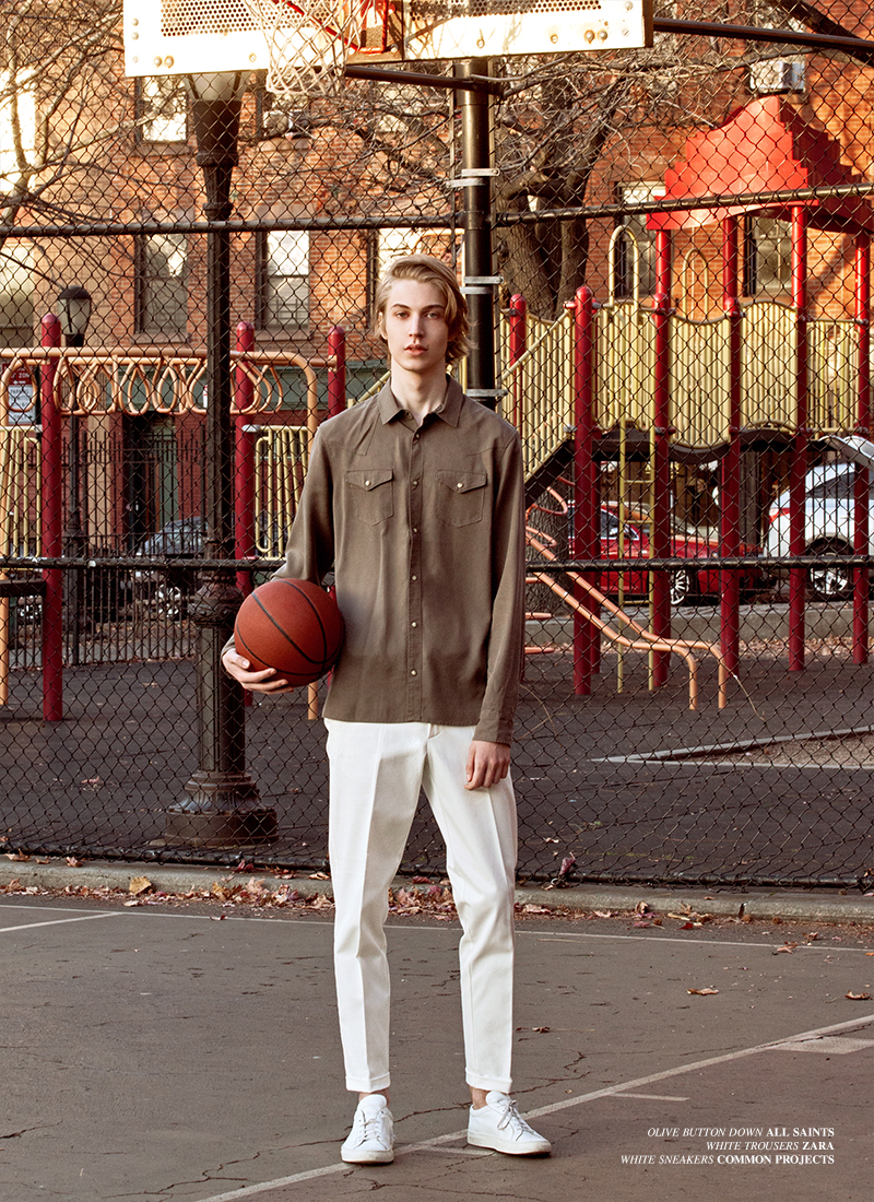 Andrew wears button-down AllSaints, trousers Zara and sneakers Common Projects.