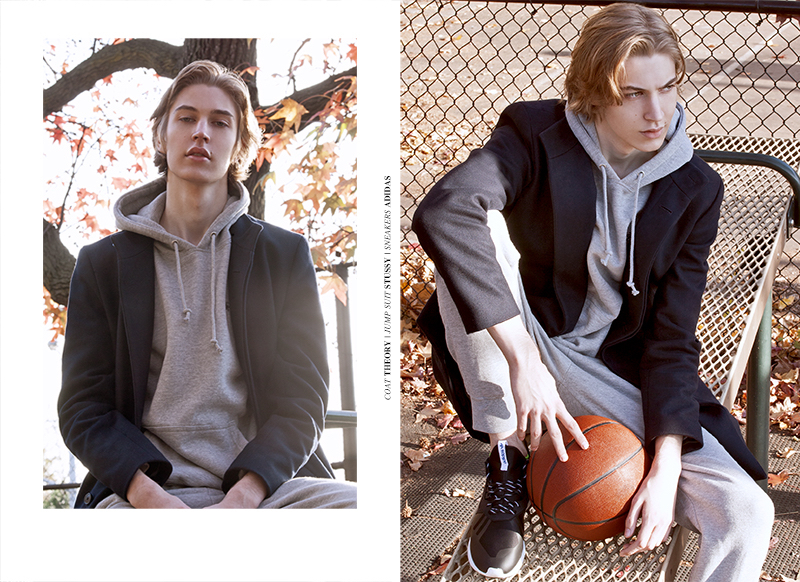Andrew wears coat Theory, sneakers Adidas, sweatshirt and joggers Stussy.