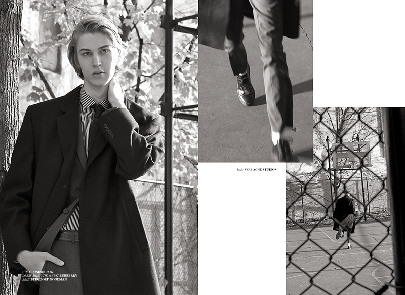 Andrew wears coat London Fog, belt Bergdorf Goodman, sneakers Acne Studios, shirt, tie and suit Burberry.