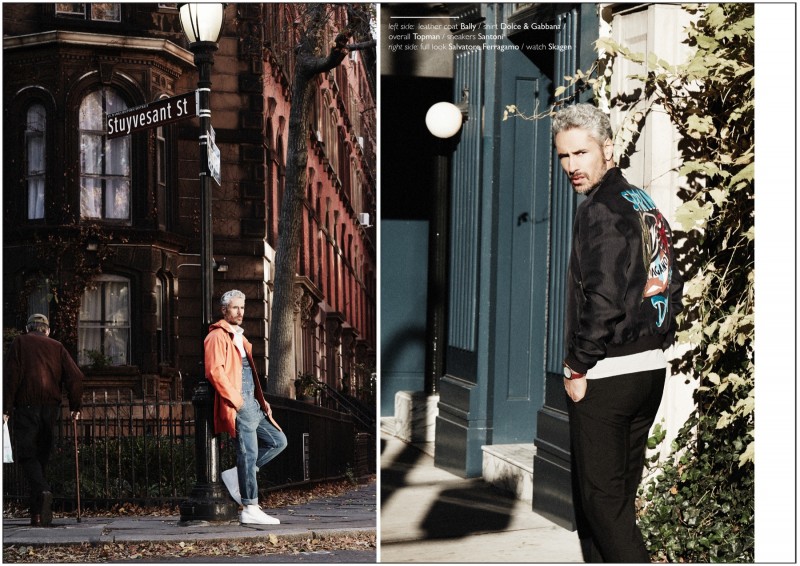 Left: Richard wears leather coat Bally, shirt Dolce & Gabbana, overalls Topman and sneakers Santoni. Right: Richard wears all clothes Salvatore Ferragamo and watch Skagen.
