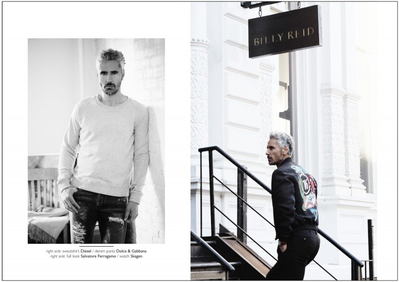 Left: Richard wears sweatshirt Diesel and denim jeans Dolce & Gabbana. Right: Richard wears all clothes Salvatore Ferragamo and watch Skagen.