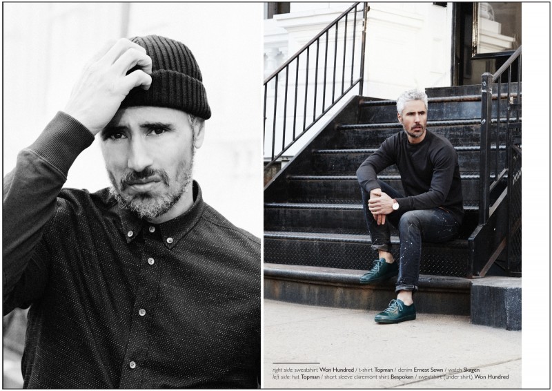 Left: Richard wears beanie Topman, short-sleeve shirt Bespoken and sweatshirt Won Hundred. Right: Richard wears sweatshirt Won Hundred, t-shirt Topman, denim jeans Ernest Sewn and watch Skagen.