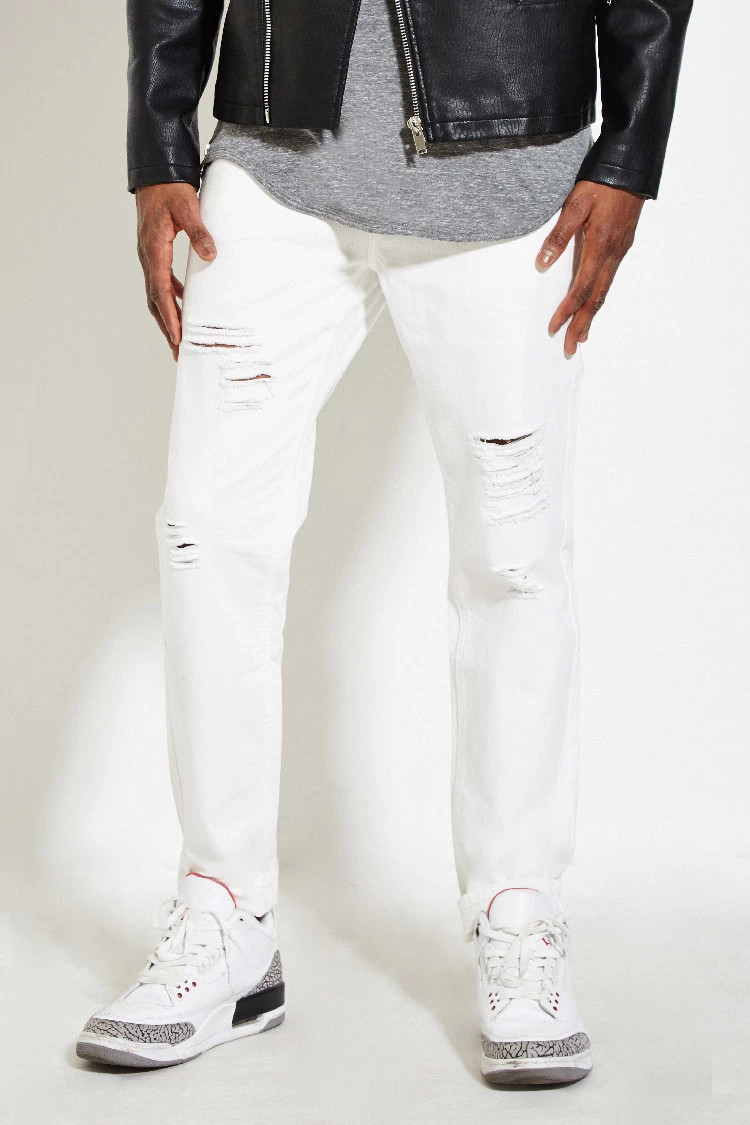 Forever 21 White Slim-Fit Ripped Denim Jeans