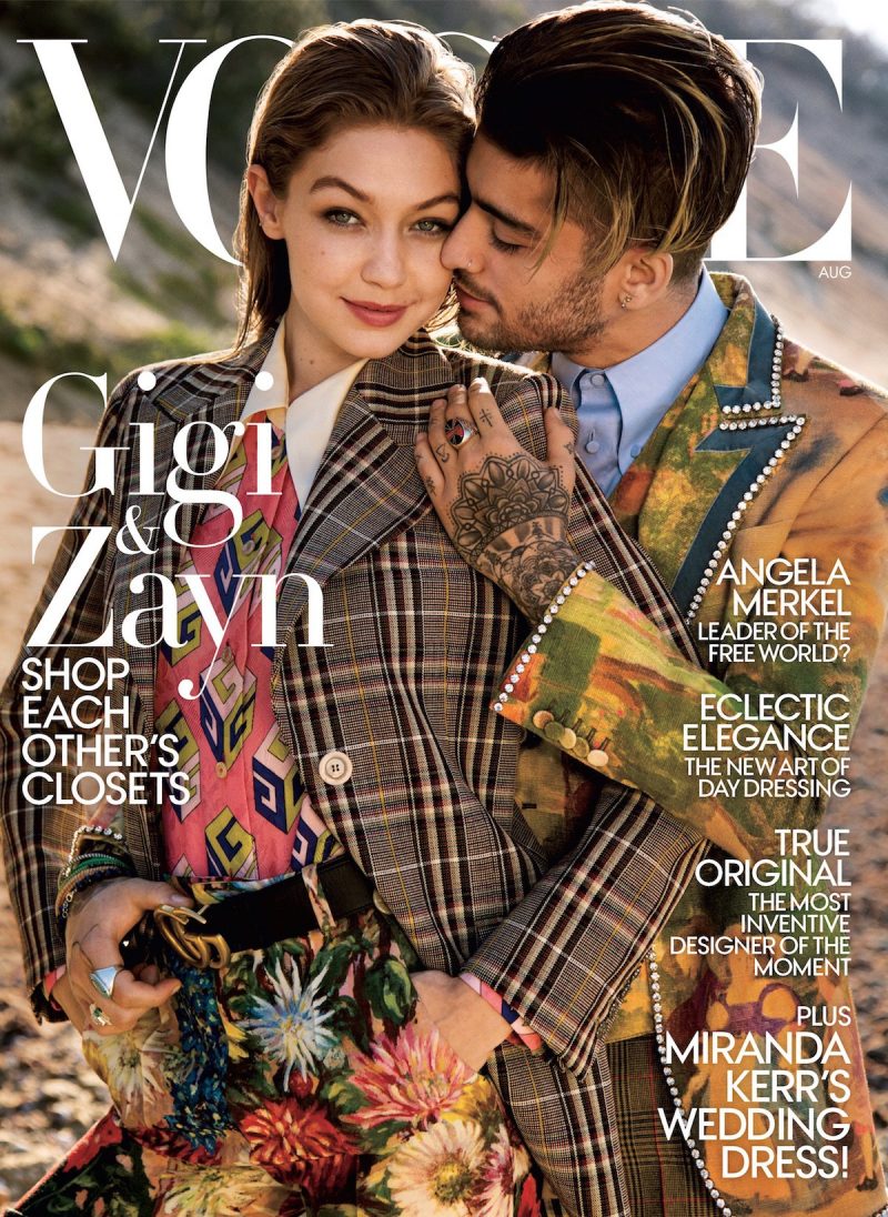 Gigi Hadid and boyfriend Zayn Malik cover the August 2017 issue of Vogue.