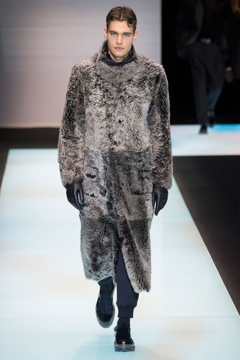 A faux fur coat from Giorgio Armani's fall-winter 2016 men's collection.