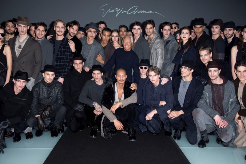 Giorgio Armani poses with the models who walked his namesake show for fall-winter 2016.