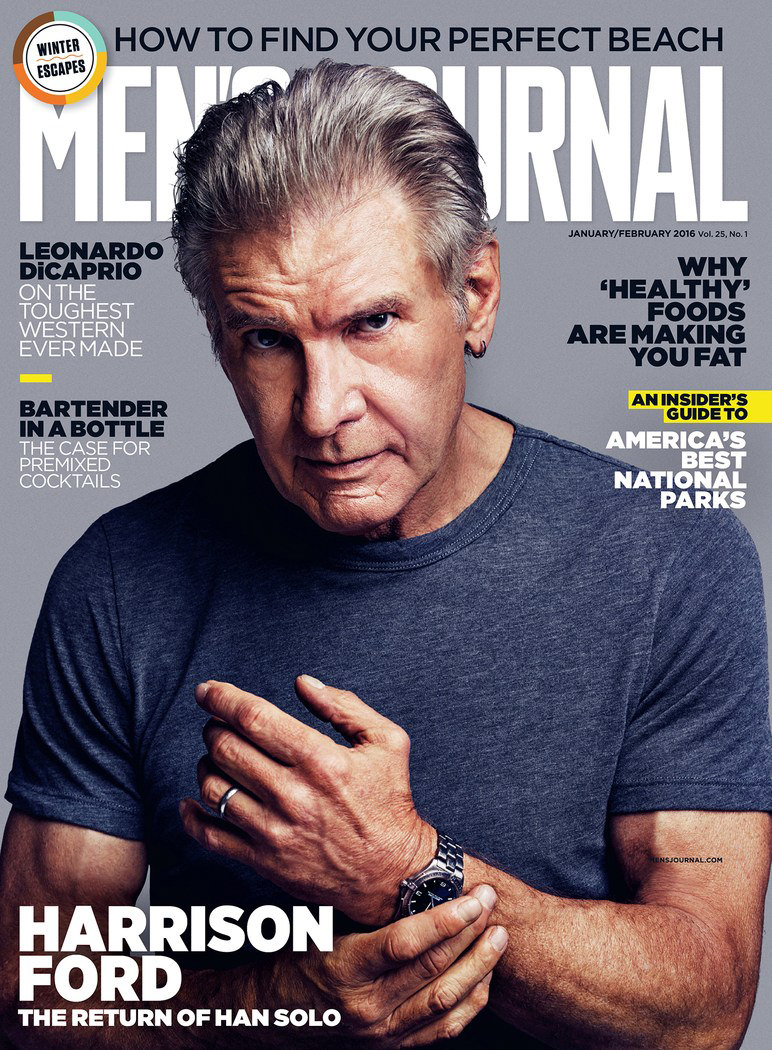 Harrison Ford covers the January/February 2016 issue of Men's Journal.
