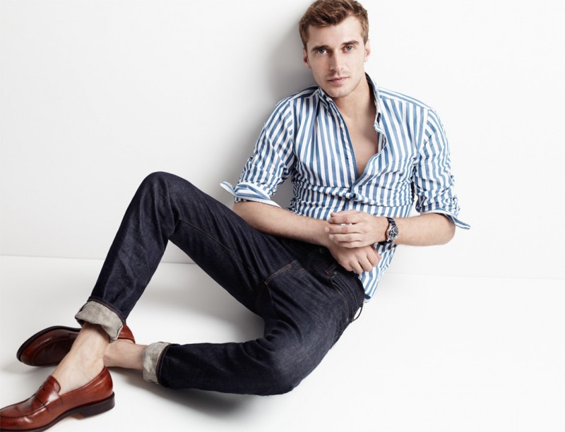 Clément Chabernaud wears slim secret wash shirt in Brunswick Stripe, 770 Selvedge Jeans in Fairfax Wash, Ludlow Penny Loafers and Timex for J.Crew Andros Watch, all from J.Crew.