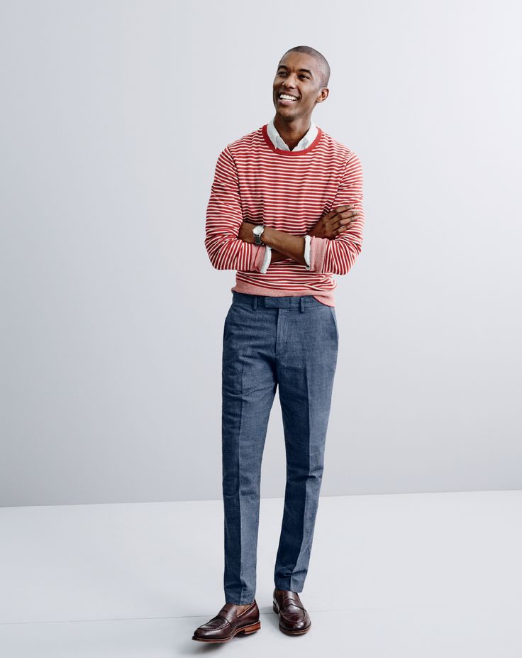 J.Crew men’s cotton crewneck sweater in red stripe, Secret Wash shirt in white, Bowery slim pant in crosshatch cotton-linen, Timex® for J.Crew vintage field army watch and Ludlow penny loafers. 