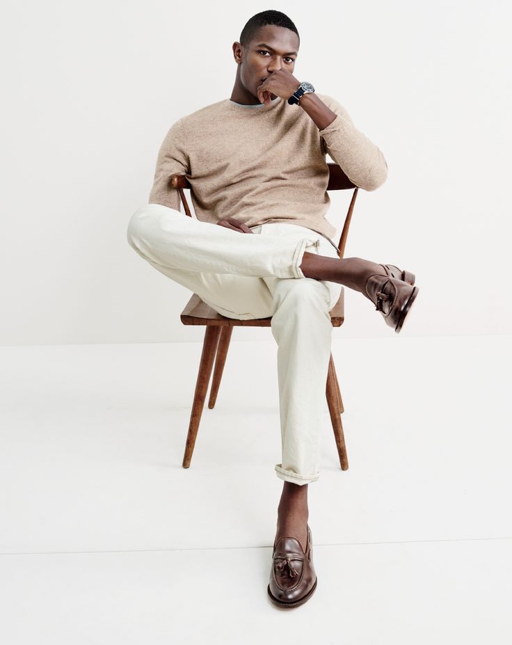 J.Crew men’s lightweight Italian cashmere crewneck sweater, 770 jean in rinsed wheat, Timex® for J.Crew Andros watch and Ludlow tassel loafers. 