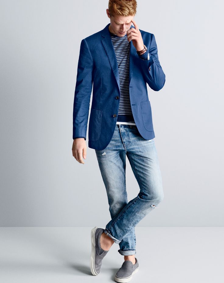 J.Crew men’s Ludlow blazer in Italian cotton, lightweight Italian cashmere crewneck sweater in stripe, 484 jean in Tobias wash, Mougin & Piquard™ chronovintage watch and Vans® for J.Crew washed canvas classic slip-on sneakers. 