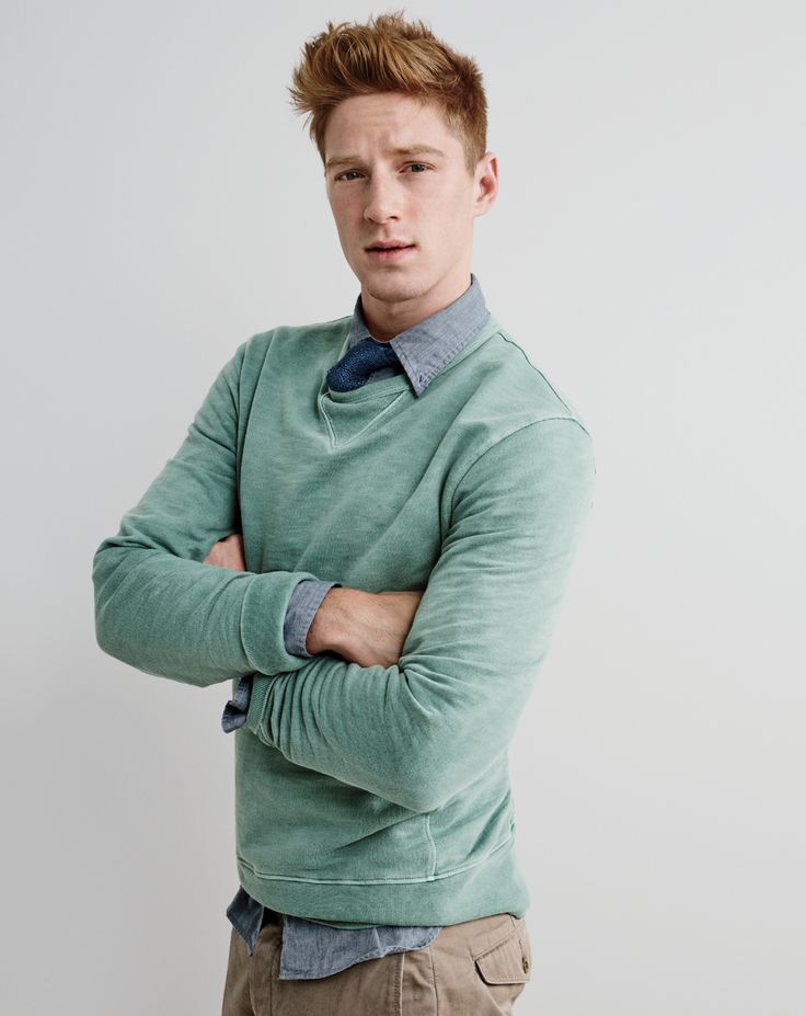 J.Crew men’s garment-dyed sweatshirt, lightweight cotton shirt, Italian silk knit tie and Wallace & Barnes chino in Italian twill.